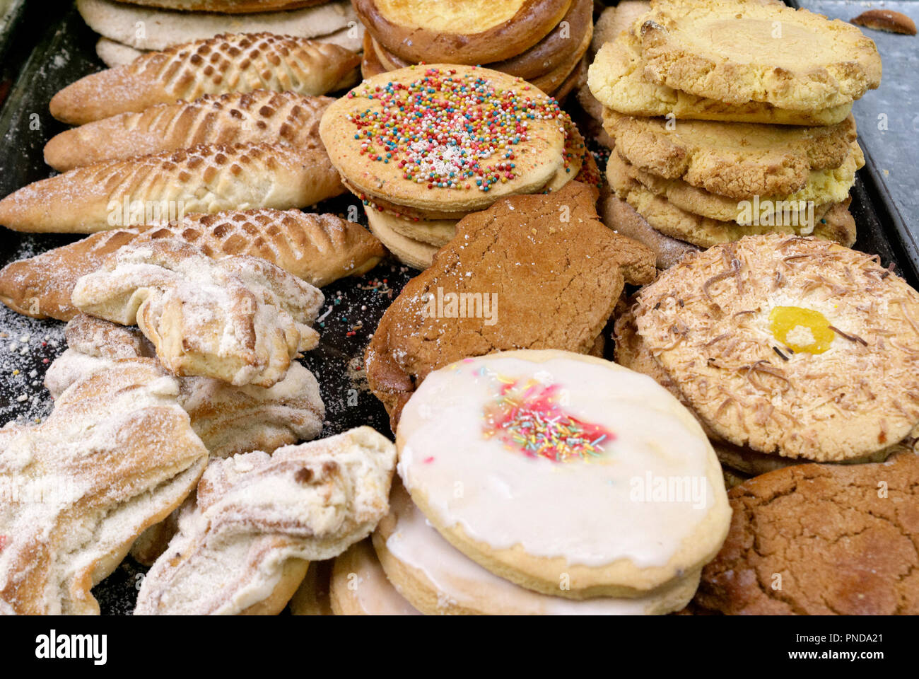 Mexican biscuits and other sugary baked goods for sale in the Mercado