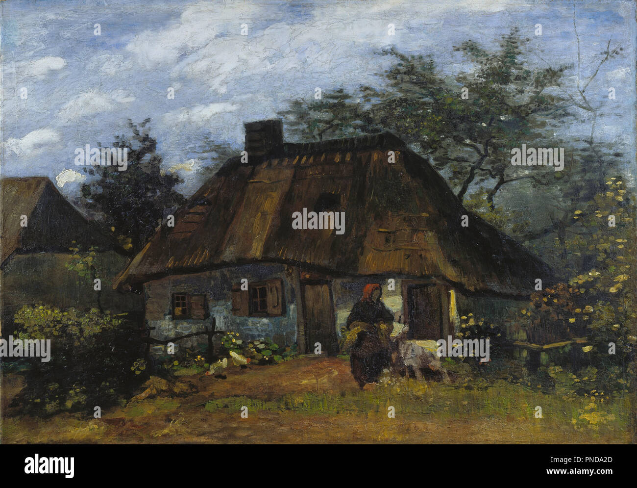 Cottage and Woman with Goat / Farmhouse in Nuenen (La Chaumiére). Date/Period: Nuenen, June 1885 - July 1885. Painting. Oil on canvas. Height: 60 cm (23.6 in); Width: 85 cm (33.4 in). Author: VINCENT VAN GOGH. Stock Photo