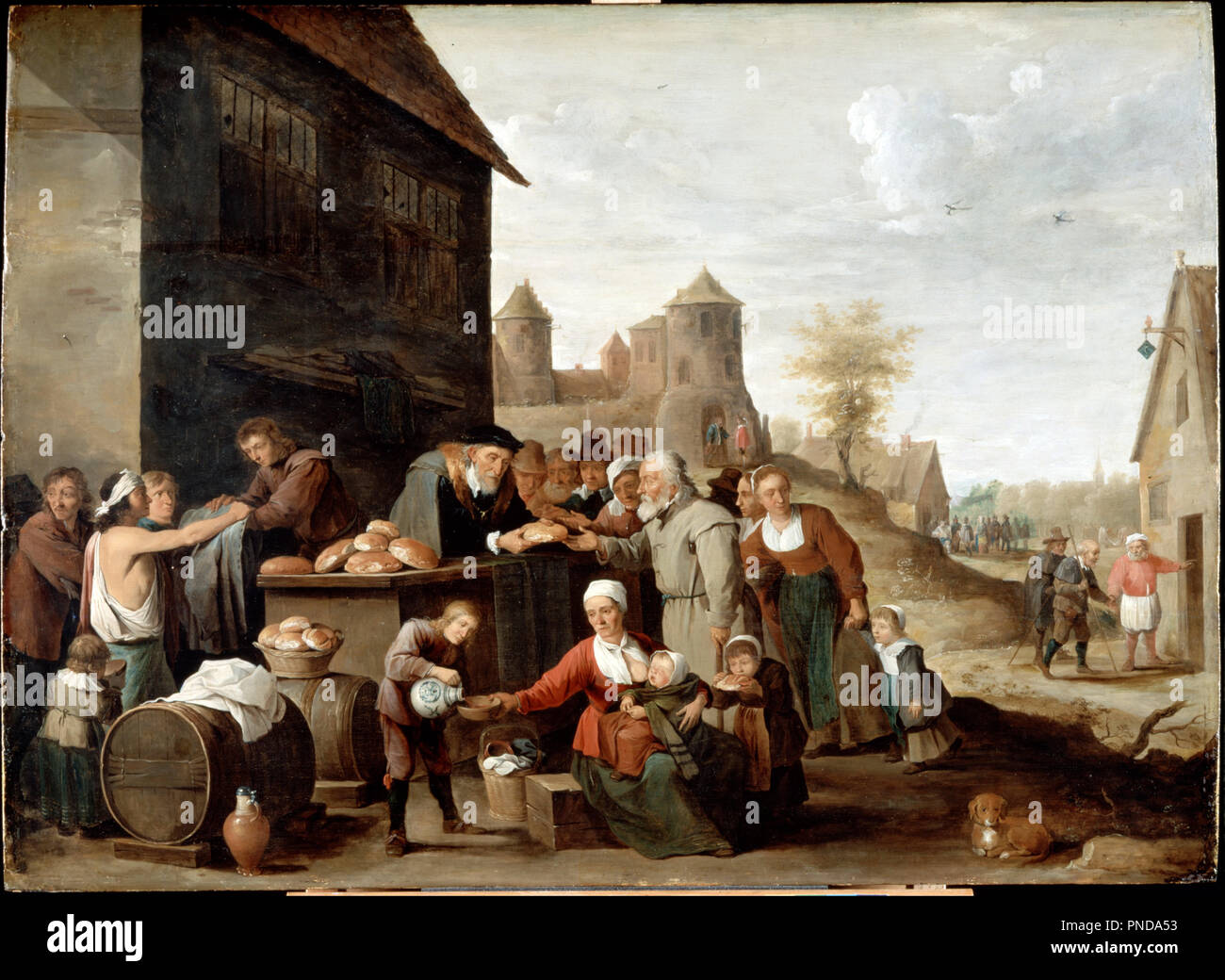 The Seven Corporal Works of Mercy. Date/Period: 17th century. Painting. Oil on panel Oil. Height: 648 mm (25.51 in); Width: 885 mm (34.84 in). Author: Studio of Teniers, David the younger. DAVID TENIERS, THE YOUNGER. Stock Photo