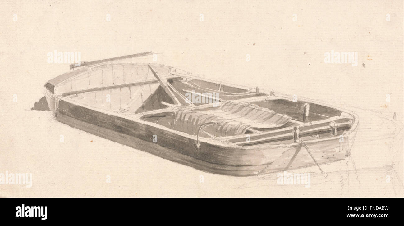 Barge. Marine art. Gray wash and graphite on medium, cream, slightly textured laid paper. Height: 111 mm (4.37 in); Width: 197 mm (7.75 in). Author: Paul Sandby. Stock Photo