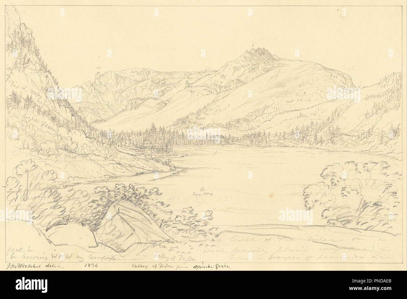 Valley of Fassa from Opposite Gries. Date/Period: 1834. Graphic art. Graphite drawing made with the aid of a camera lucida. Height: 200 mm (7.87 in); Width: 308 mm (12.12 in). Author: Sir John Frederick William Herschel. Stock Photo