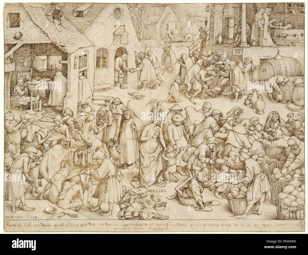 Caritas (Liefde) Caritas (Charity). Date/Period: 1559. Drawing. Pen in brown ink. Height: 223 mm (8.77 in); Width: 294 mm (11.57 in). Author: Pieter Brueghel The Elder. Bruegel (Brueghel), Pieter, the Elder. Stock Photo