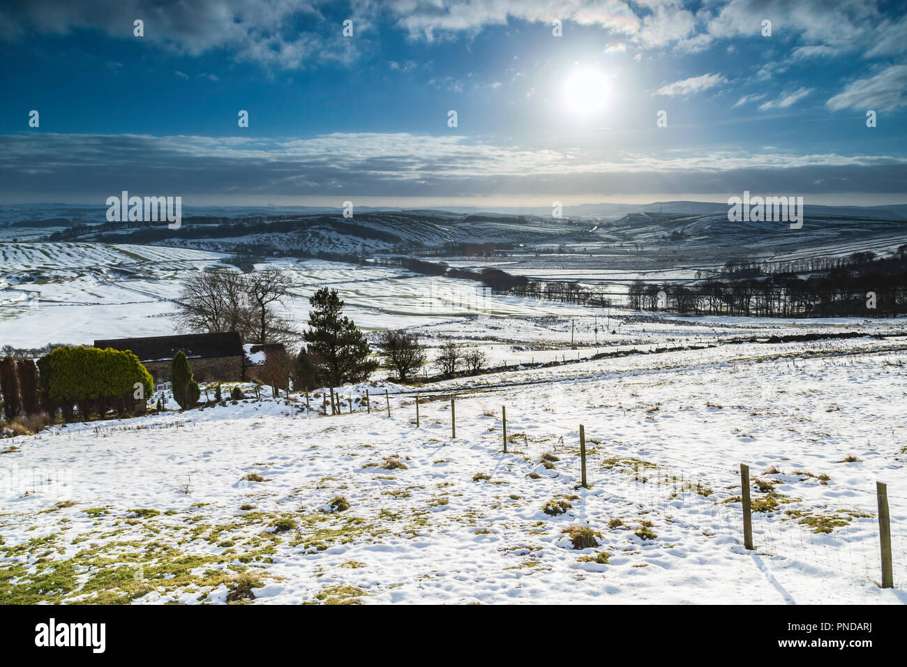 View across Derbyshire moorland in winter. Stock Photo