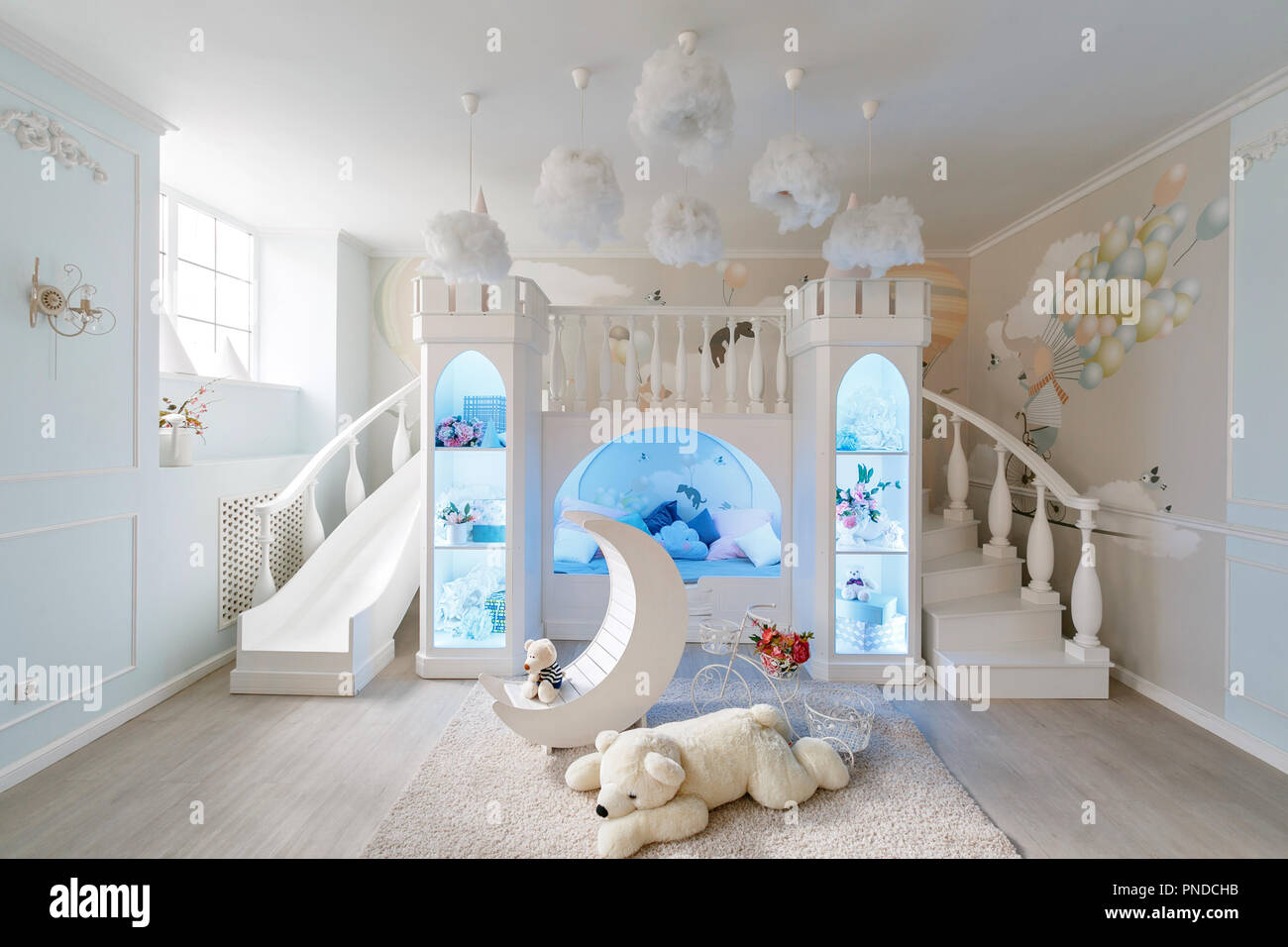 interior of a spacious children s room. decorative castle with bed