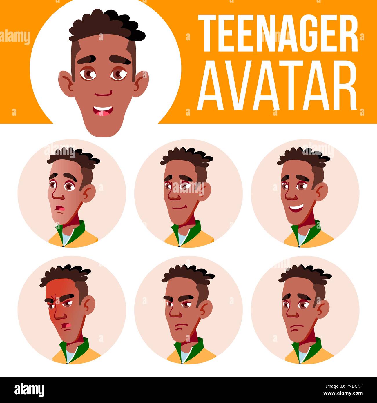 Teen Boy Avatar Set Vector. Black. Afro American. Face Emotions ...
