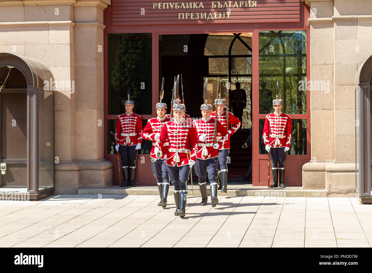 The changing of the Guard ceremony, Presidency building, home to the President of Republic of Bulgaria, Sofia, Bulgaria. Stock Photo