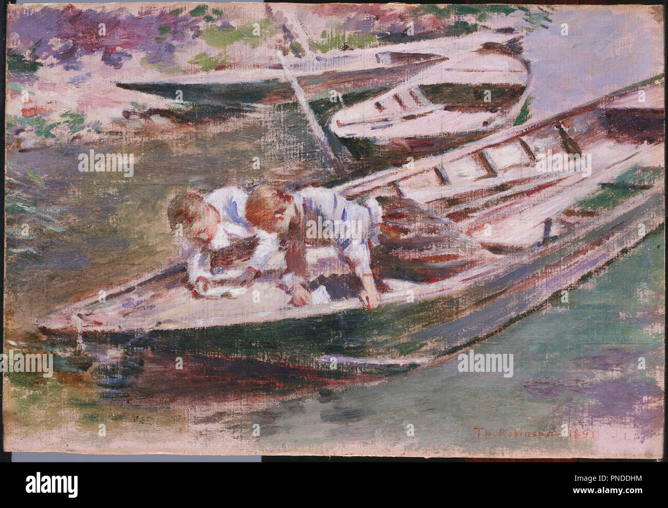 Two in a Boat. Date/Period: 1891. Painting. Oil on canvas adhered to cardboard. Height: 238 mm (9.37 in); Width: 349 mm (13.74 in). Author: Theodore Robinson. Stock Photo