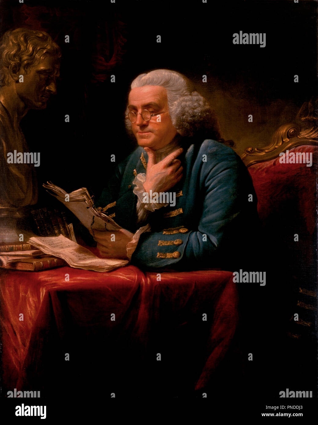 Benjamin Franklin. Date/Period: 1767. Painting. Oil on canvas, mounted on panel Oil on canvas, mounted on panel. Height: 1,271.52 mm (50.06 in); Width: 1,014.47 mm (39.94 in). Author: DAVID MARTIN. MARTIN, DAVID. Stock Photo