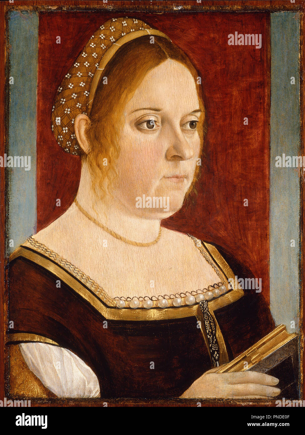 Portrait of a Lady with a Book. Date/Period: Ca. 1495. Painting. Oil on lime. Height: 39.3 cm (15.5 in); Width: 28.8 cm (11.3 in). Author: Vittore Carpaccio. Stock Photo