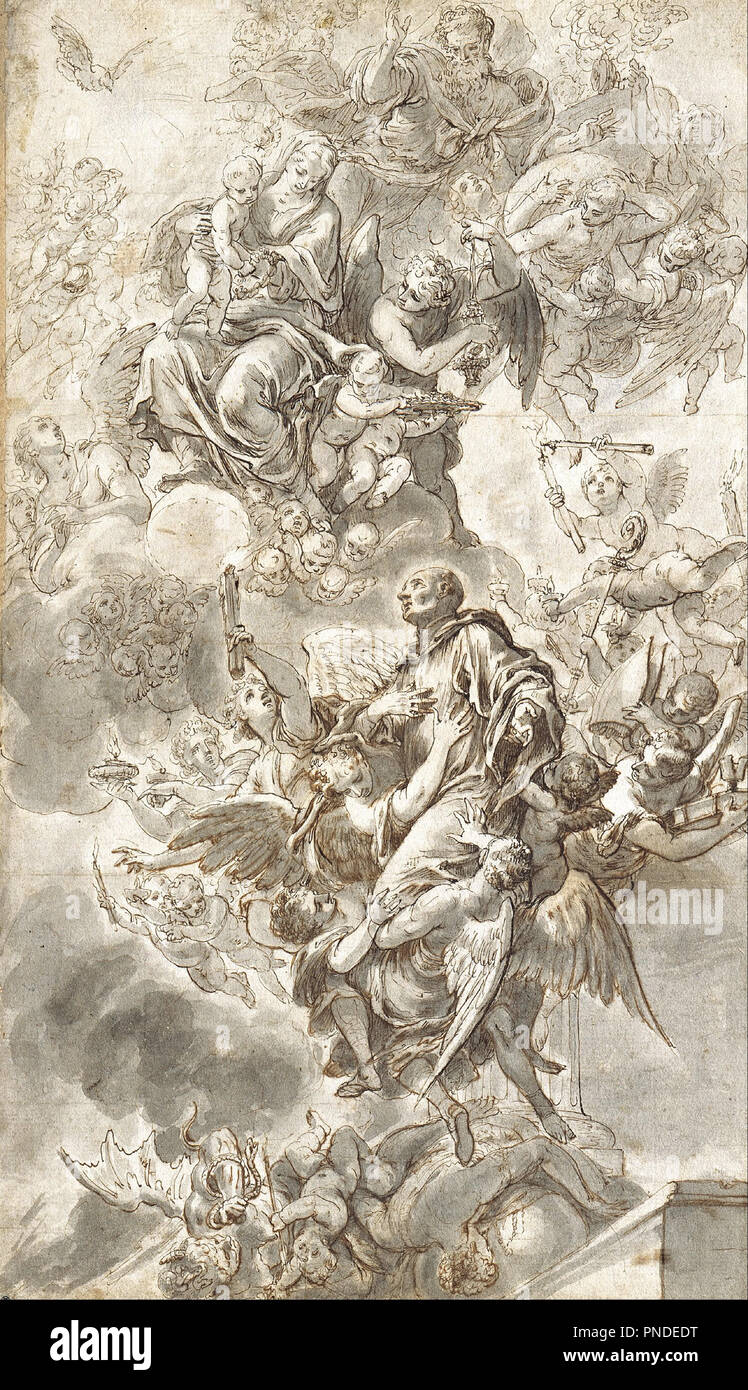 The Apotheosis of Saint Benedict. Date/Period: 1685. Pen and brown ink, grey wash, over graphite. Feder in Braun, graulaviert, über Graphitstift. Height: 500 mm (19.68 in); Width: 290 mm (11.41 in). Author: Johann Andreas Wolff. Stock Photo
