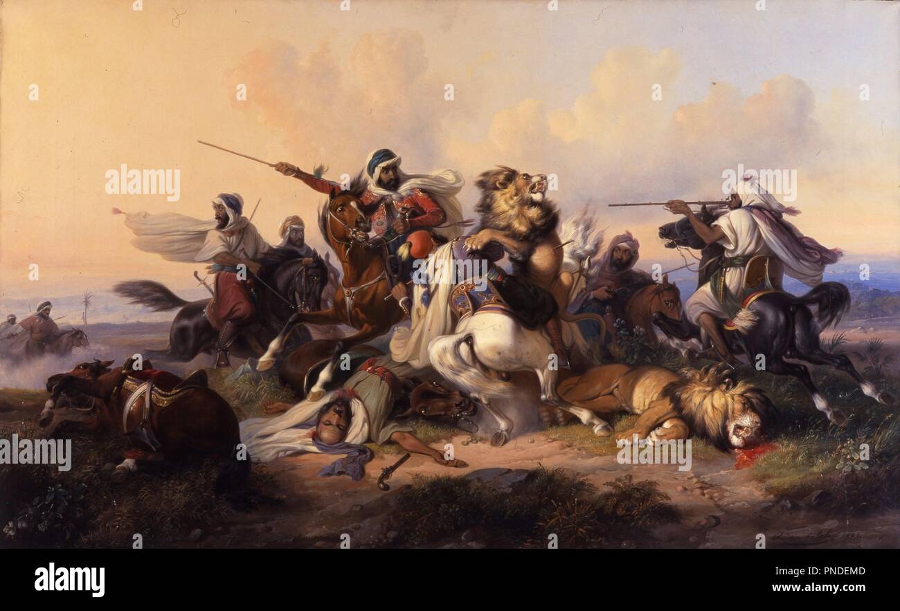 The Lion hunt. Date/Period: 1841. Painting. Oil on canvas. Height: 88.3 cm (34.7 in); Width: 142.3 cm (56 in). Author: Raden Saleh. Stock Photo