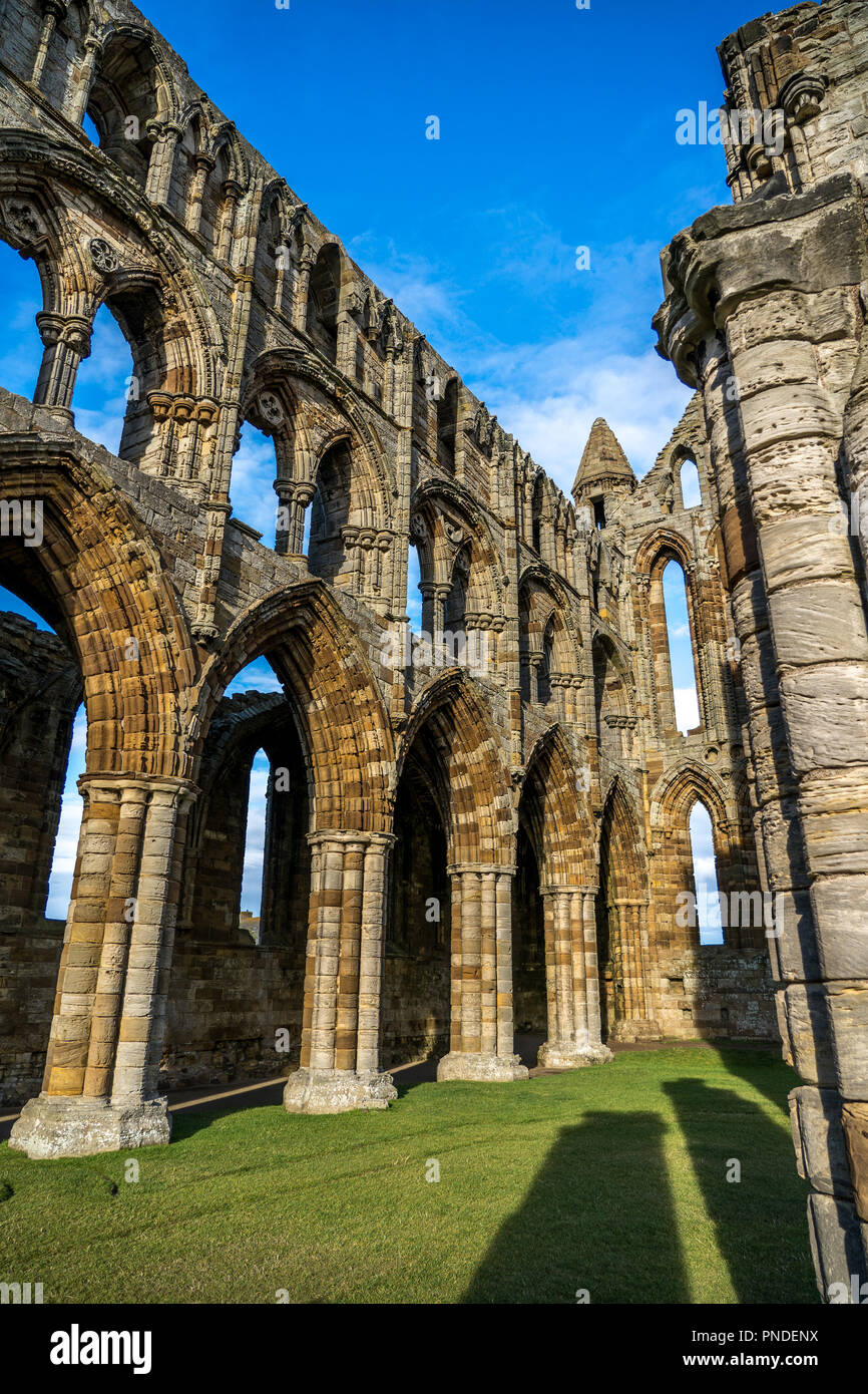 Whitby Abbey North Yorkshire Coast UK. Perched high on a cliff, the haunting remains of Whitby Abbey were inspiration for Bram Stoker's gothic tale of Stock Photo