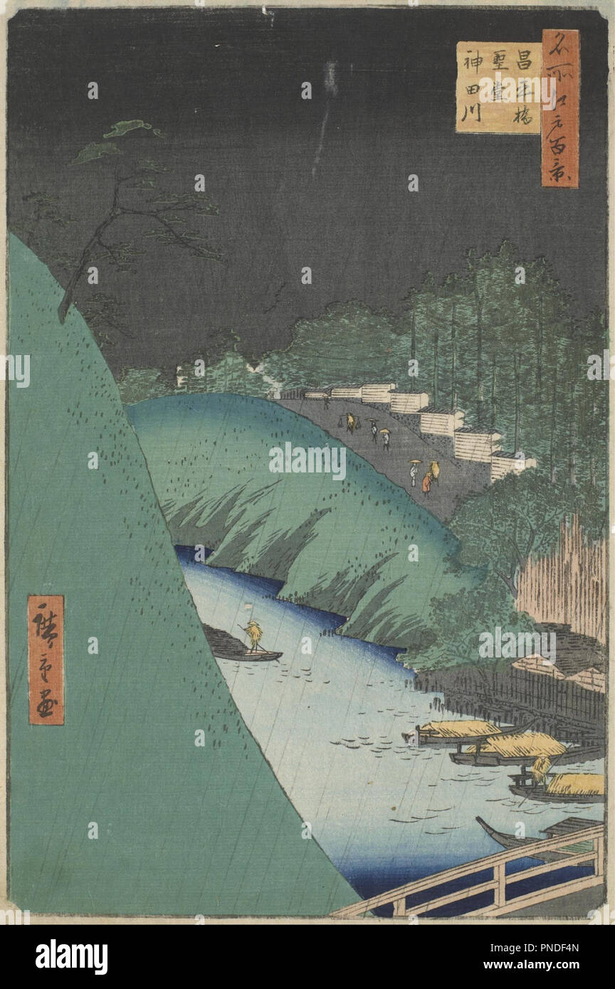 Rain in the Seido Hall and Shohei Bridge over the Kanda River. Date/Period: 1857. Woodcut. Width: 23.9 cm. Height: 35.3 cm (sheet). Author: Ando Hiroshige. Stock Photo