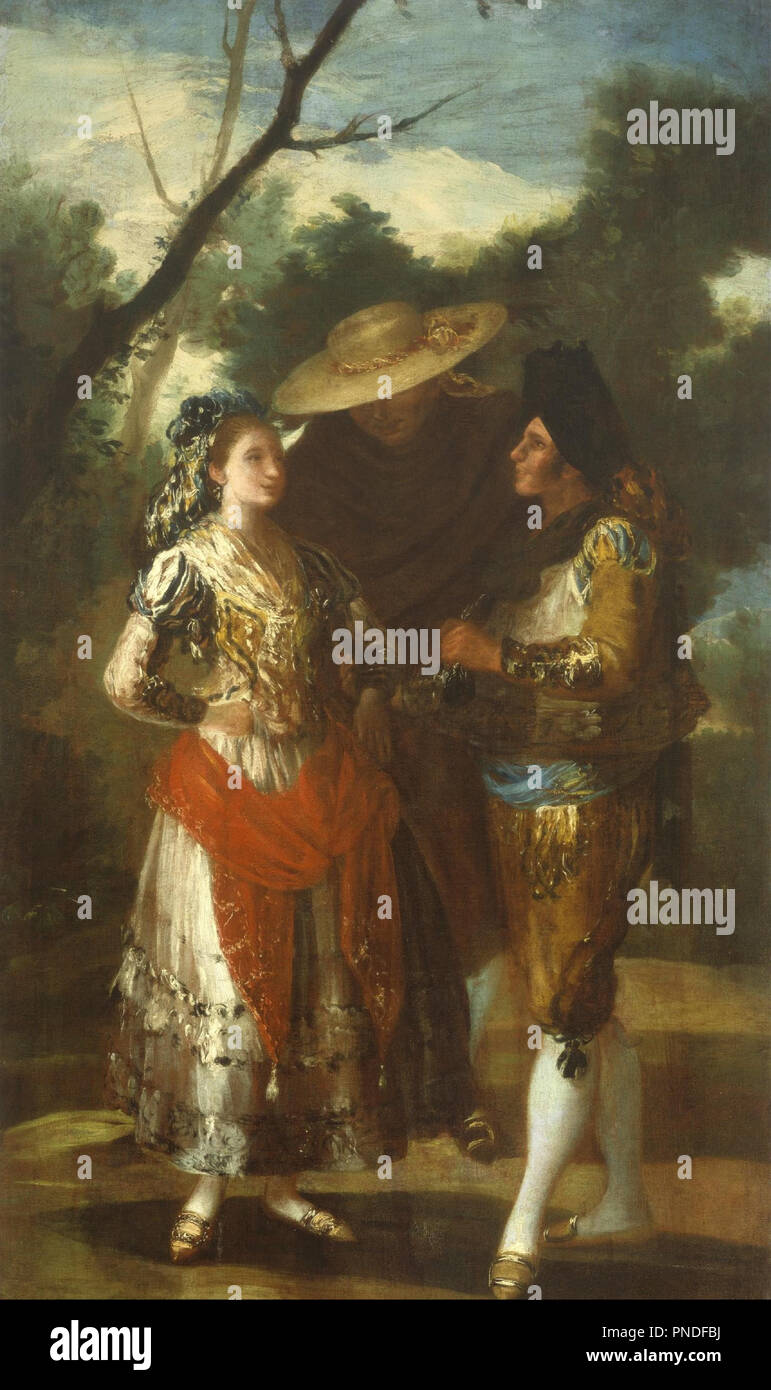 A Maja with Two Toreros. Date/Period: 1779/1780. Painting. Oil on canvas. Width: 100 cm. Height: 183.2 cm (without frame). Author: Follower of Francisco Jose de Goya y Lucientes. Stock Photo