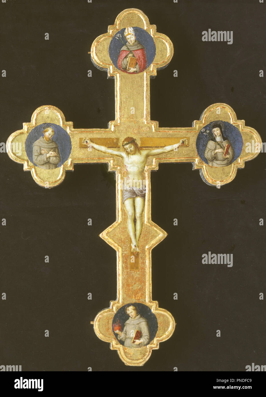 Processioned Cross with Franciscan Saints (verso). Date/Period: 1500 - 1502. Panel. Height: 46.80 mm (1.84 in); Width: 31 mm (1.22 in). Author: Attributed to Raffaello Santi. Stock Photo