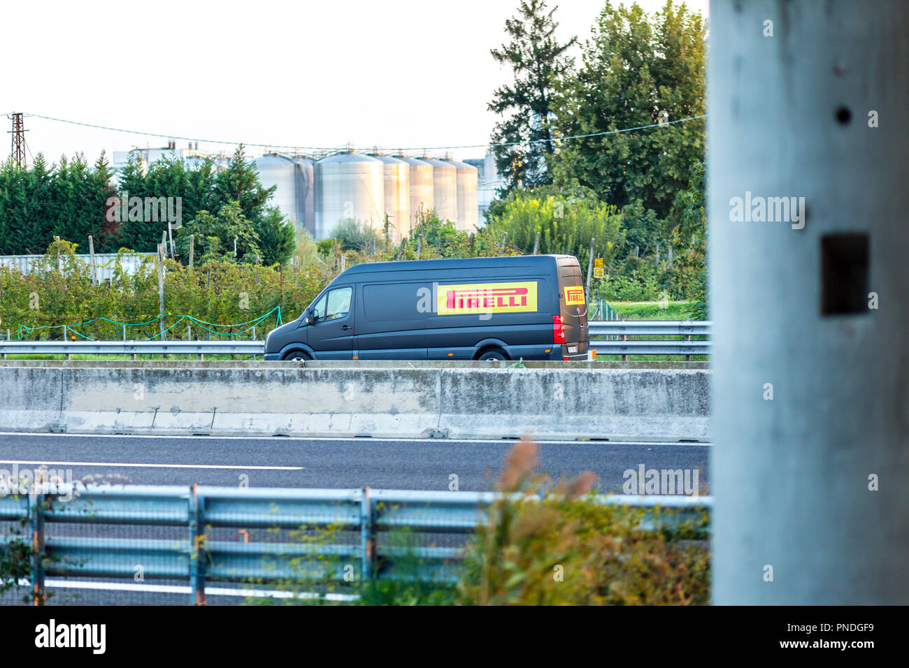 FAENZA (RA), ITALY - SEPTEMBER 20, 2018: van with PIRELLI logo running on highway Stock Photo