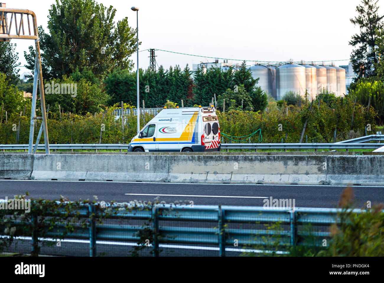 FAENZA (RA), ITALY - SEPTEMBER 20, 2018: truck with AUTOSTRADE PER L'ITALIA logo running on highway Stock Photo