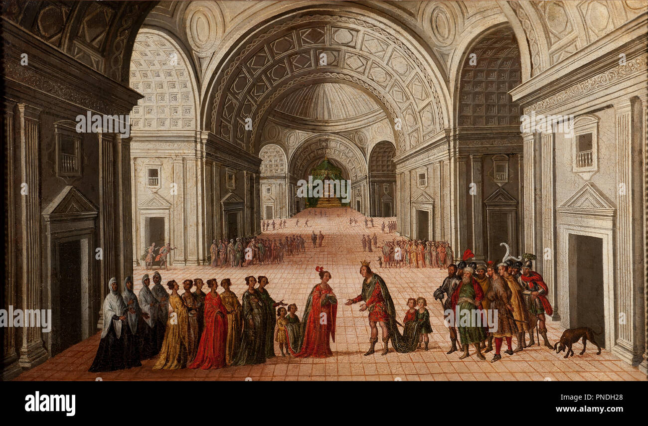 The Meeting of Solomon and the Queen of Sheba. Date/Period: 1630 - 1660. Painting. Oil on canvas. Height: 660 mm (25.98 in); Width: 1,100 mm (43.30 in). Author: Circle of Juan de la Corte. JUAN DE LA CORTE. Stock Photo