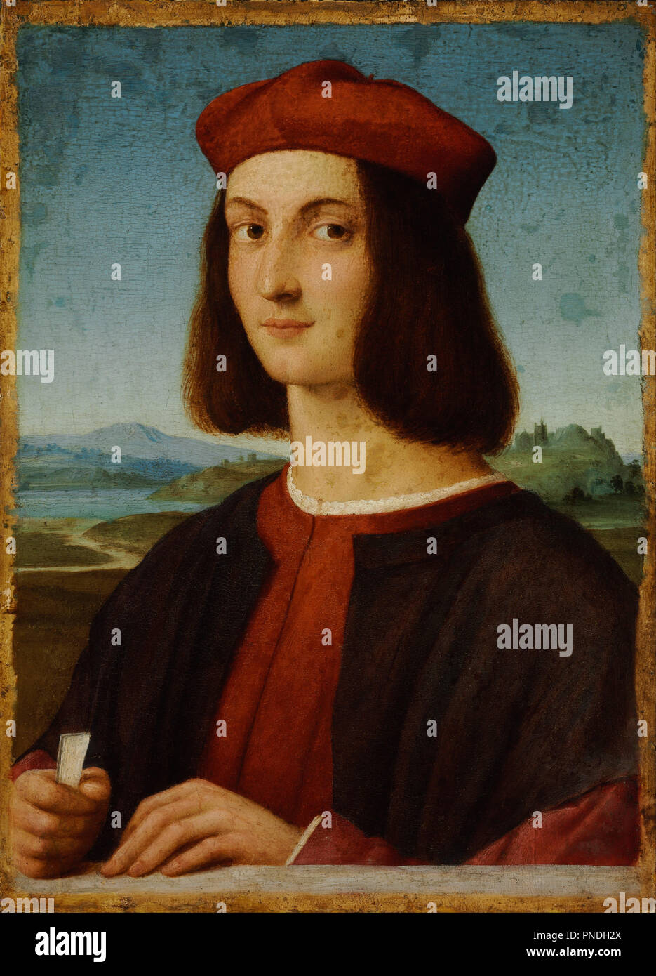 Portrait of Pietro Bembo. Date/Period: 1504 - 1506. Painting. Oil on walnut, reinforced on pine oil on panel. Height: 540 mm (21.25 in); Width: 390 mm (15.35 in). Author: RAPHAEL. Raphael (Raffaello Sanzio da Urbino). Stock Photo
