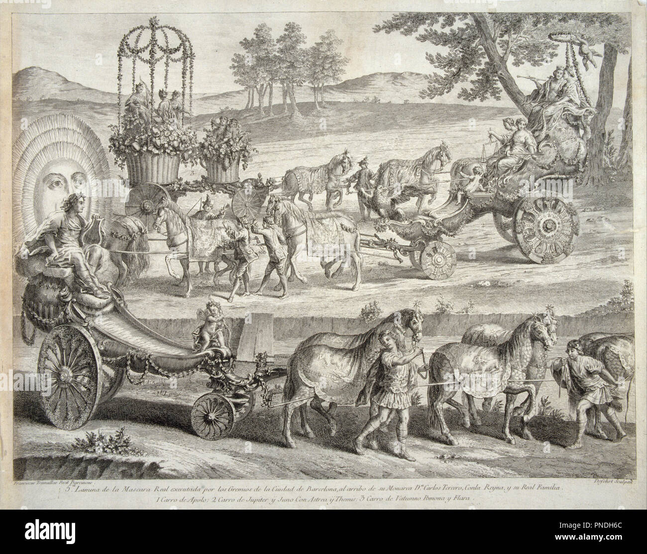 Chariot of Apollo. Date/Period: 1764. Engraving. Etching and burin on paper. Height: 452 mm (17.79 in); Width: 567 mm (22.32 in). Author: A. J. Defehrt. De Fehrt, A. J. Stock Photo