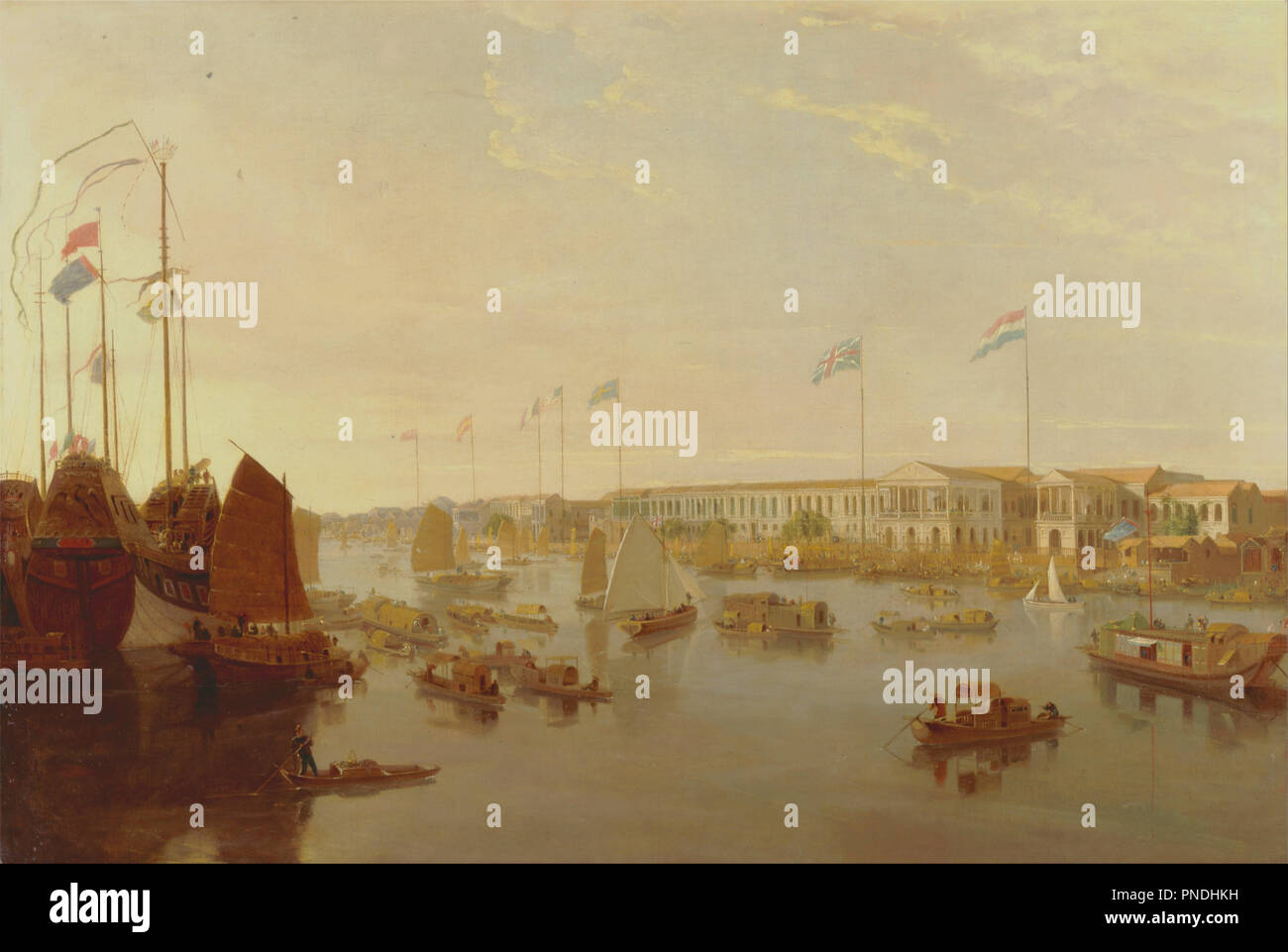 The European Factories, Canton. Date/Period: 1806. Painting. Oil on canvas. Height: 864 mm (34.01 in); Width: 1,270 mm (50 in). Author: William Daniell. Stock Photo