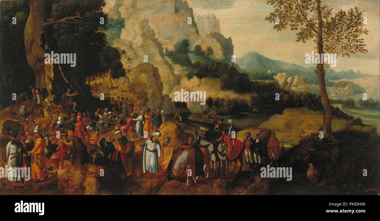 Landscape with Saint John the Baptist Preaching. Date/Period: Ca. 1550. Painting. Oil on wood. Height: 530 mm (20.86 in); Width: 1,020 mm (40.15 in). Author: Herri met de Bles. Herri met de Bles, Henri de. Stock Photo