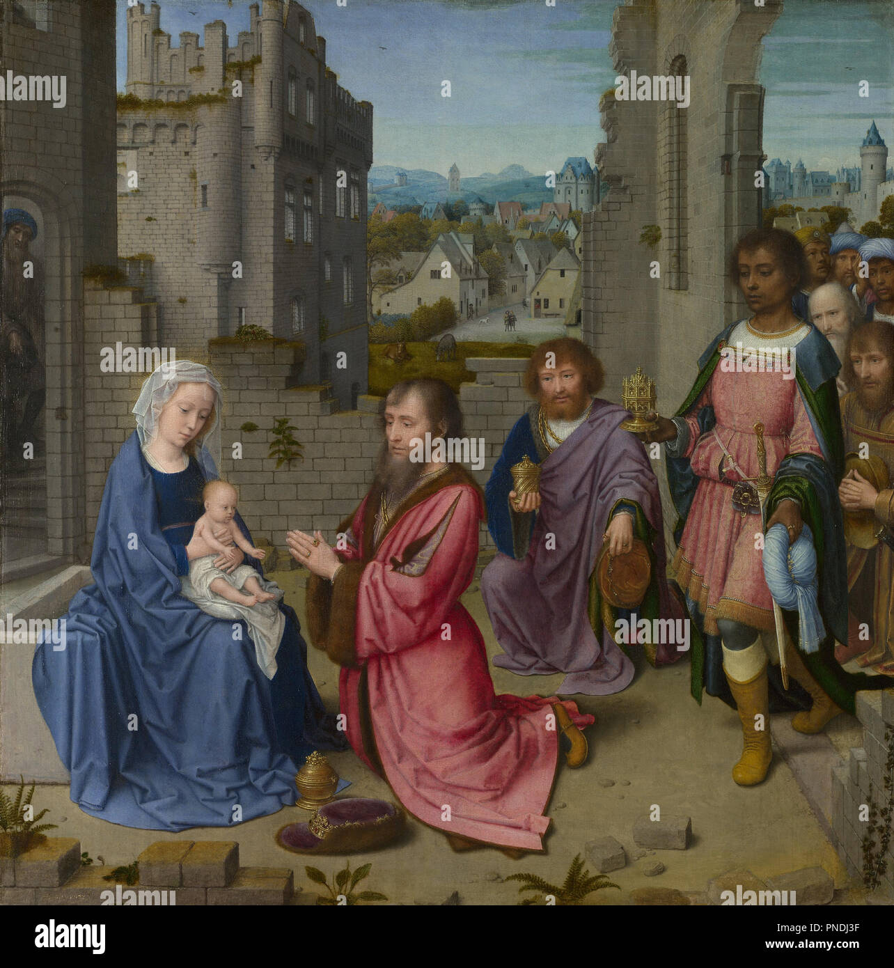 The Adoration of the Magi. Painting. Oil on oak. Height: 60 cm (23.6 in); Width: 59.2 cm (23.3 in). Author: Gerard David. DAVID, GERARD. Stock Photo