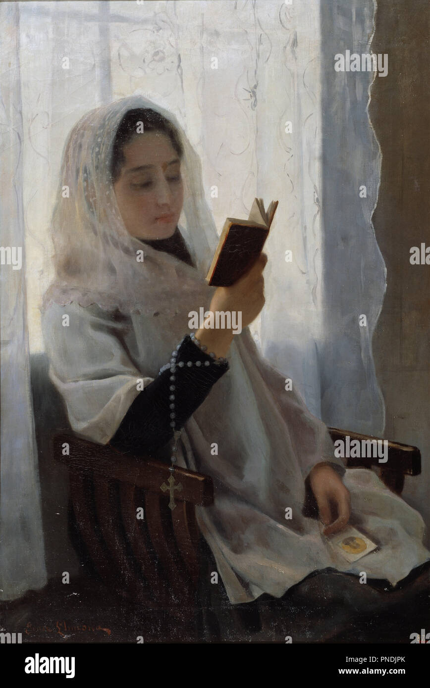 Reading. Date/Period: 1891. Painting. Oil on canvas. Height: 1,005 mm (39.56 in); Width: 670 mm (26.37 in). Author: JOAN LLIMONA. Stock Photo