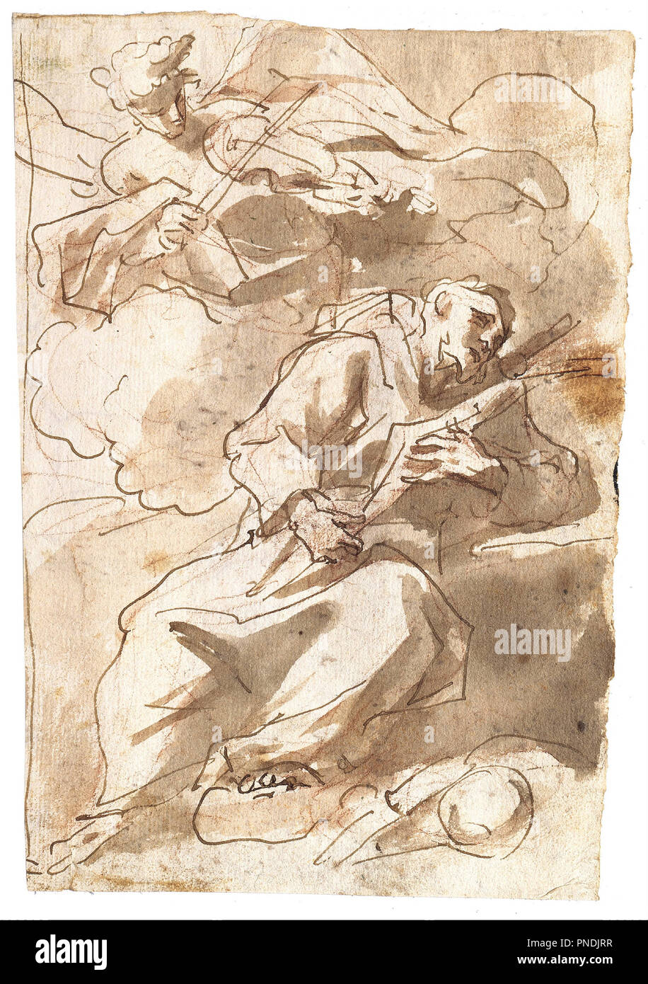 An Angelic Minstrel Appears to Saint Francis. Date/Period: 1750. Pen and brown ink, over red chalk, grey-brown wash. Feder in Braun, über Rötel, graubraun laviert. Height: 252 mm (9.92 in); Width: 179 mm (7.04 in). Author: GASPARE DIZIANI. Stock Photo