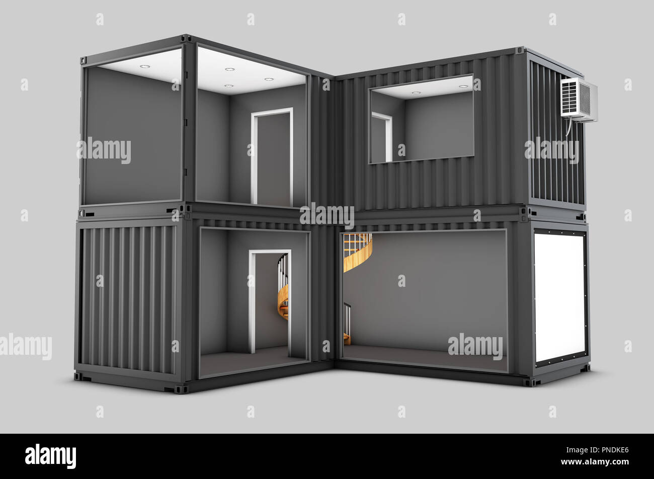 Converted old shipping container, 3d Illustration isolated gray Stock ...