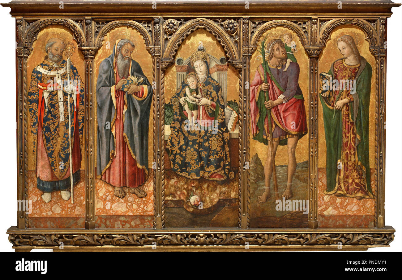 Madonna and Child with Saints. Date/Period: Ca. 1480. Polyptych. Height: 340 mm (13.38 in); Width: 1,050 mm (41.33 in). Author: Vittore Crivelli. CRIVELLI, VITTORE. Stock Photo