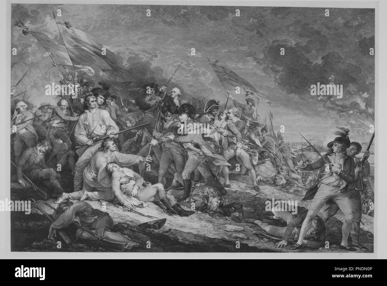 Battle of Bunker Hill (June 17, 1775). Artist: After John Trumbull (American, Lebanon, Connecticut 1756-1843 New York); Johann Gotthard Muller (German, Bernausen 1747-1830 Stuttgart). Dimensions: image: 19 13/16 x 29 5/8 in. (50.3 x 75.2 cm)  plate: 23 3/8 x 32 5/8 in. (59.4 x 82.9 cm)  sheet: 23 3/8 x 34 in. (59.4 x 86.4 cm). Publisher: Published London by Antonio Cesare Poggi (Italian, active London and Paris, 1769-?1836). Date: ca. 1798. Museum: Metropolitan Museum of Art, New York, USA. Stock Photo