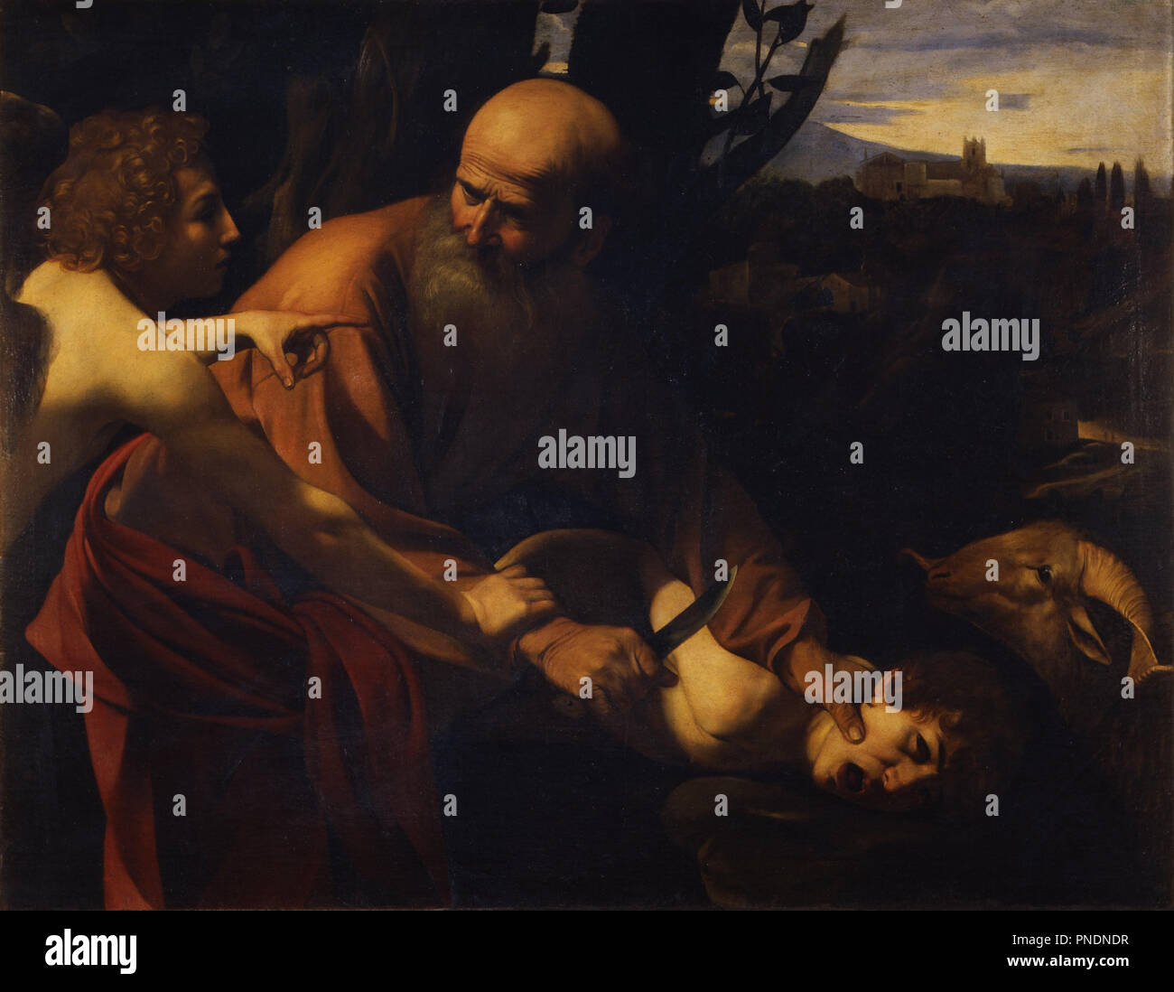 Sacrificio di Isacco / Sacrifice of Isaac. Date/Period: From 1603 until 1604. Painting. Oil on canvas. Height: 104 cm (40.9 in); Width: 135 cm (53.1 in). Author: CARAVAGGIO. Stock Photo