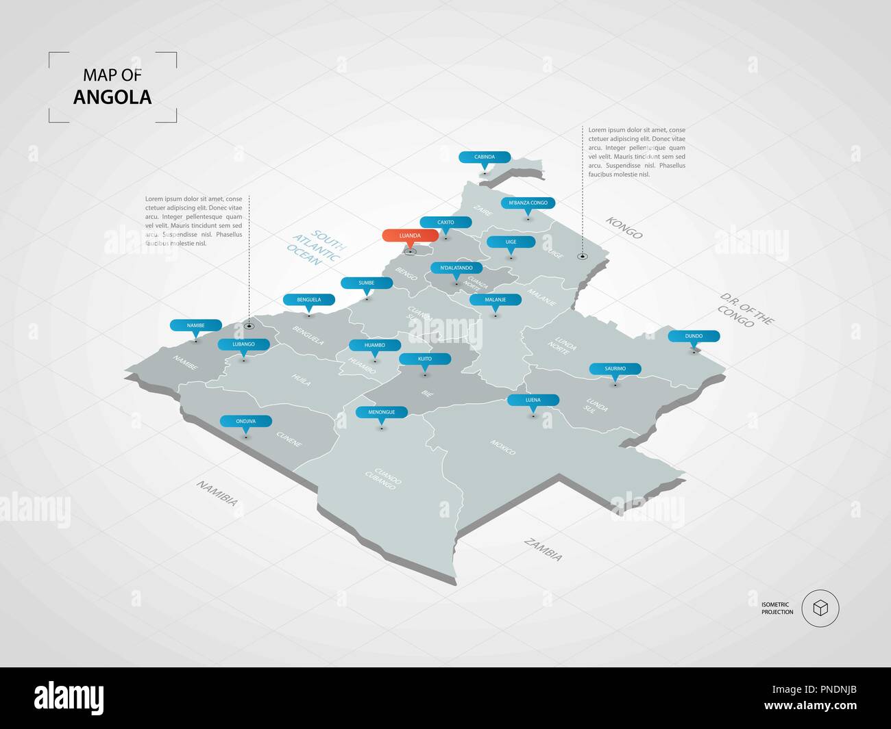 Isometric 3D Angola map. Stylized vector map illustration with cities ...