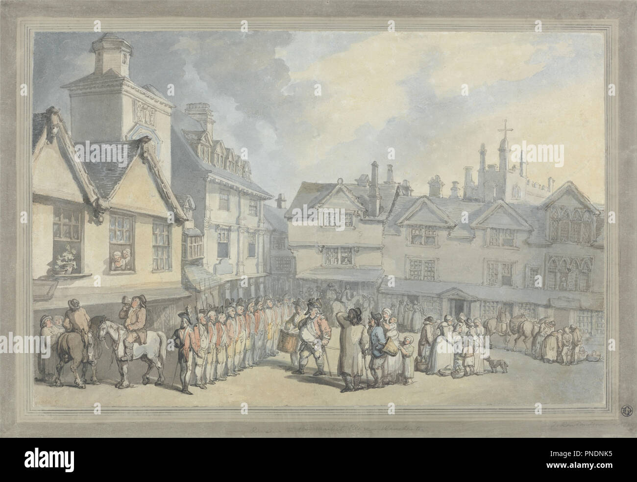 A Review in a Market Place. Date/Period: Ca. 1790. Painting. Watercolor. Height: 343 mm (13.50 in); Width: 498 mm (19.60 in). Author: Thomas Rowlandson. Stock Photo
