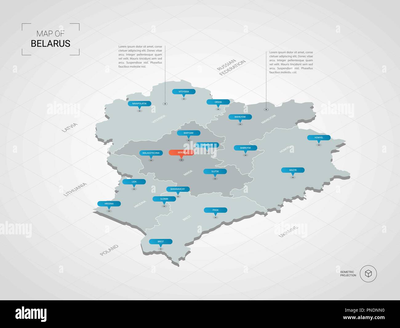 Isometric  3D Belarus map. Stylized vector map illustration with cities, borders, capital, administrative divisions and pointer marks; gradient backgr Stock Vector