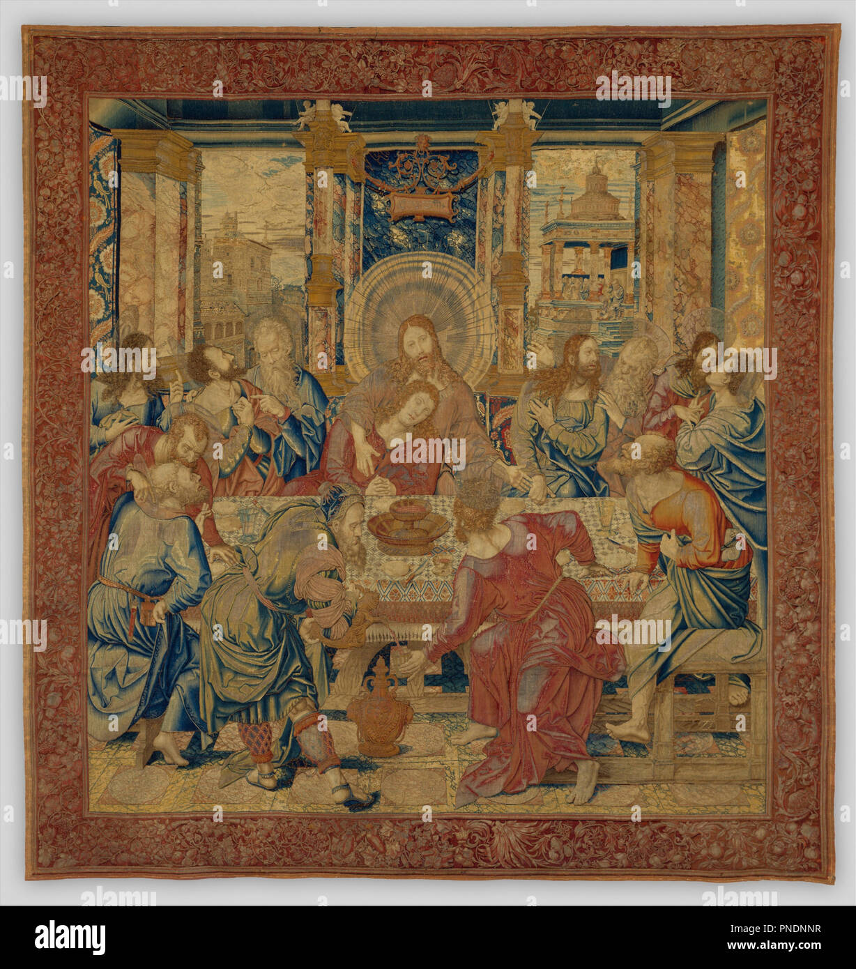 The Last Supper. Date/Period: Ca. 1520-1530. Textiles. Wool, silk, silver-gilt thread. Wool, silk, silver-gilt thread. Height: 3,350 mm (10.99 ft); Width: 3,500 mm (11.48 ft). Author: Bernard Van Orley. Stock Photo