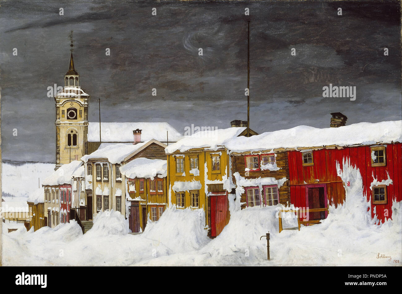 Street in Røros in Winter. Date/Period: 1903. Painting. Olje på lerret. Width: 90.5 cm. Height: 60.5 cm. Author: Harald Sohlberg. Sohlberg, Harald. Stock Photo