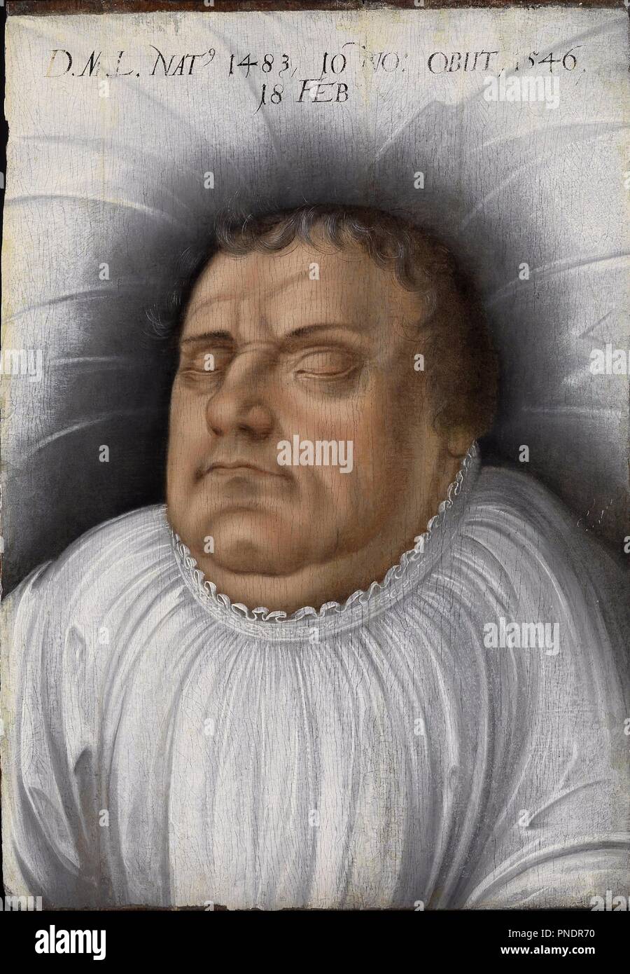 Luther auf dem Totenbett / Portrait of Martin Luther on his Death-bed. Date/Period: Ca. 1600. Mixed media on panel. Height: 47 cm (18.5 in); Width: 32.5 cm (12.7 in). Author: Cranach the Elder, Lucas. Stock Photo