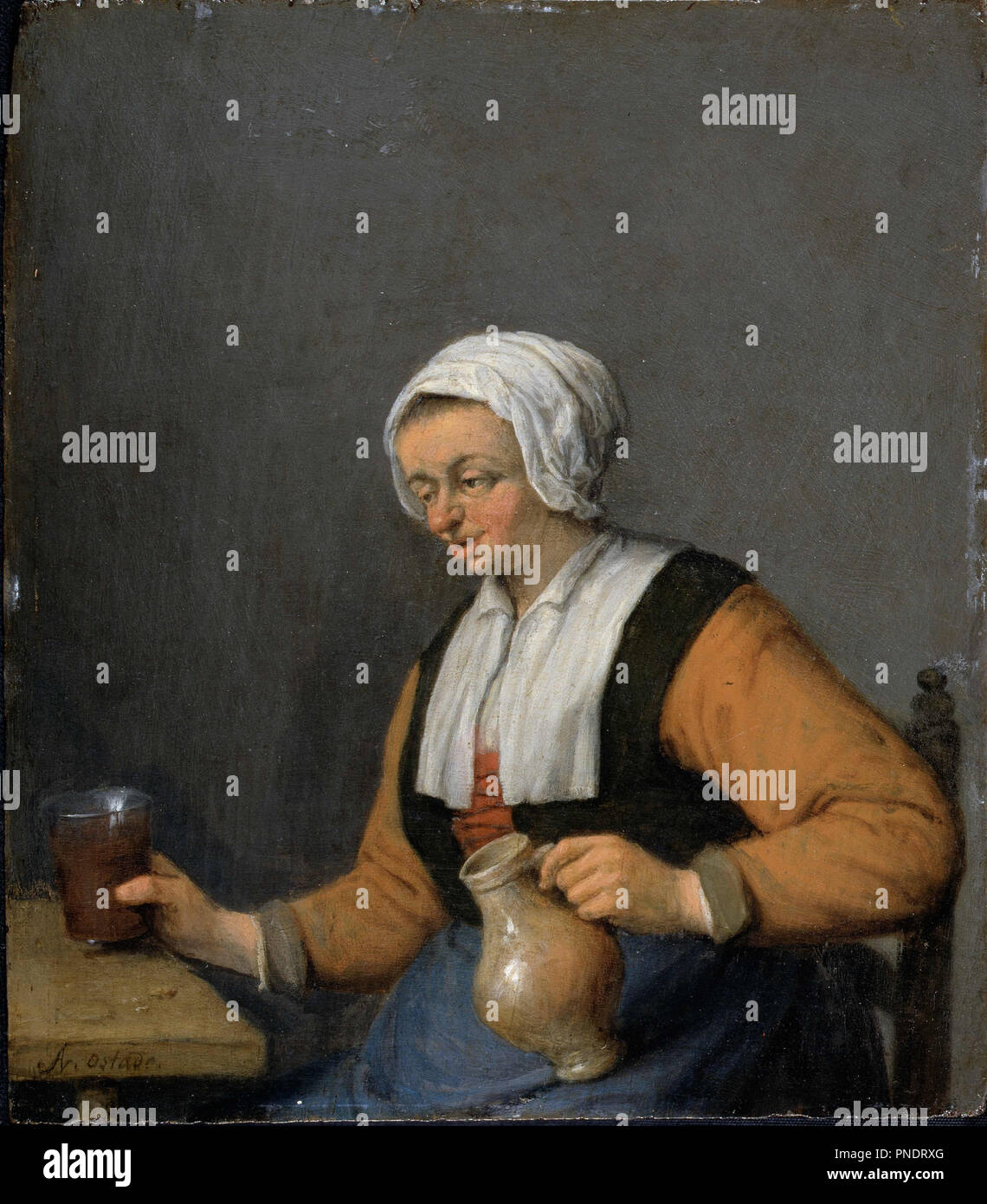 A Woman with a Beer-jug. Date/Period: Ca. 1670s. Painting. Oil on panel Oil. Height: 162 mm (6.37 in); Width: 142 mm (5.59 in). Author: van Ostade, Adriaen. Adriaen van Ostade. Stock Photo