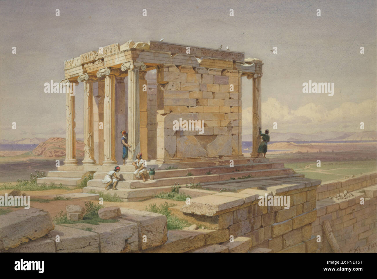 The Temple of Athena Nike. View from the North-East. Date/Period: 1877. Painting. Height: 320 mm (12.59 in); Width: 550 mm (21.65 in). Author: Werner Carl-Friedrich. Werner, Carl Friedrich Heinrich. Stock Photo