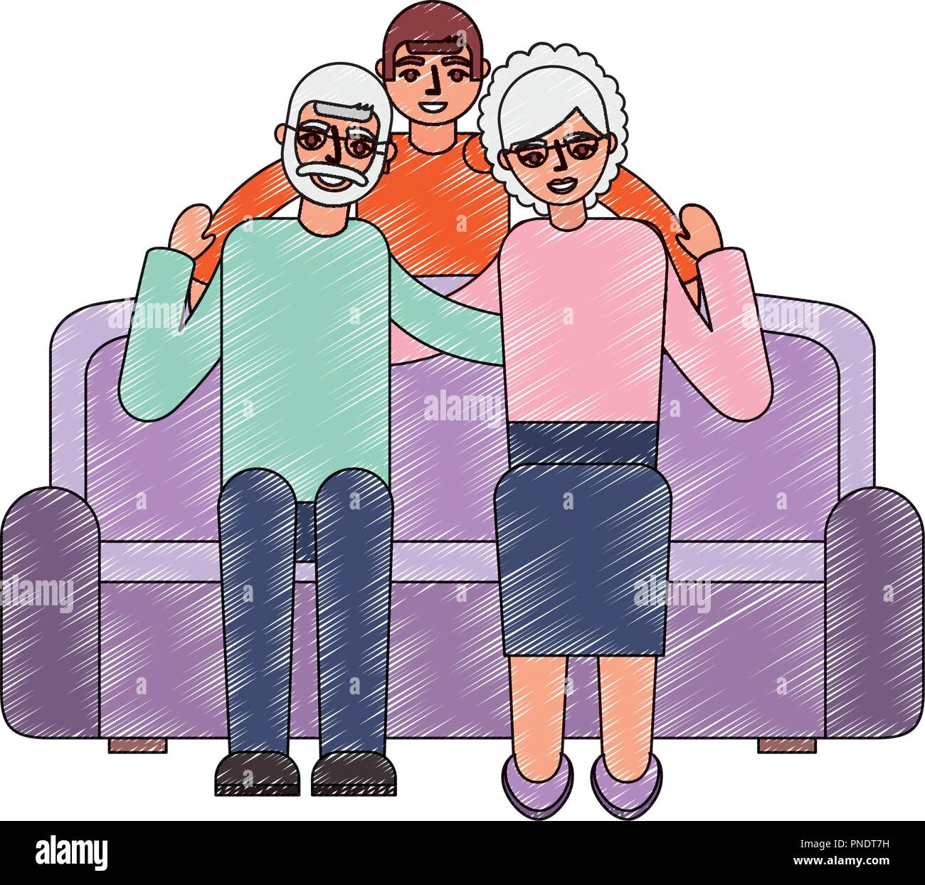 grandparents couple in the sofa with grandson Stock Vector