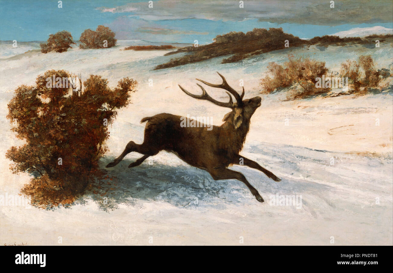 Deer Running in the Snow. Date/Period: Ca.1856 - ca.1857. Painting. Canvas. Height: 935 mm (36.81 in); Width: 1,488 mm (58.58 in). Author: GUSTAVE COURBET. COURBET, GUSTAVE. Stock Photo