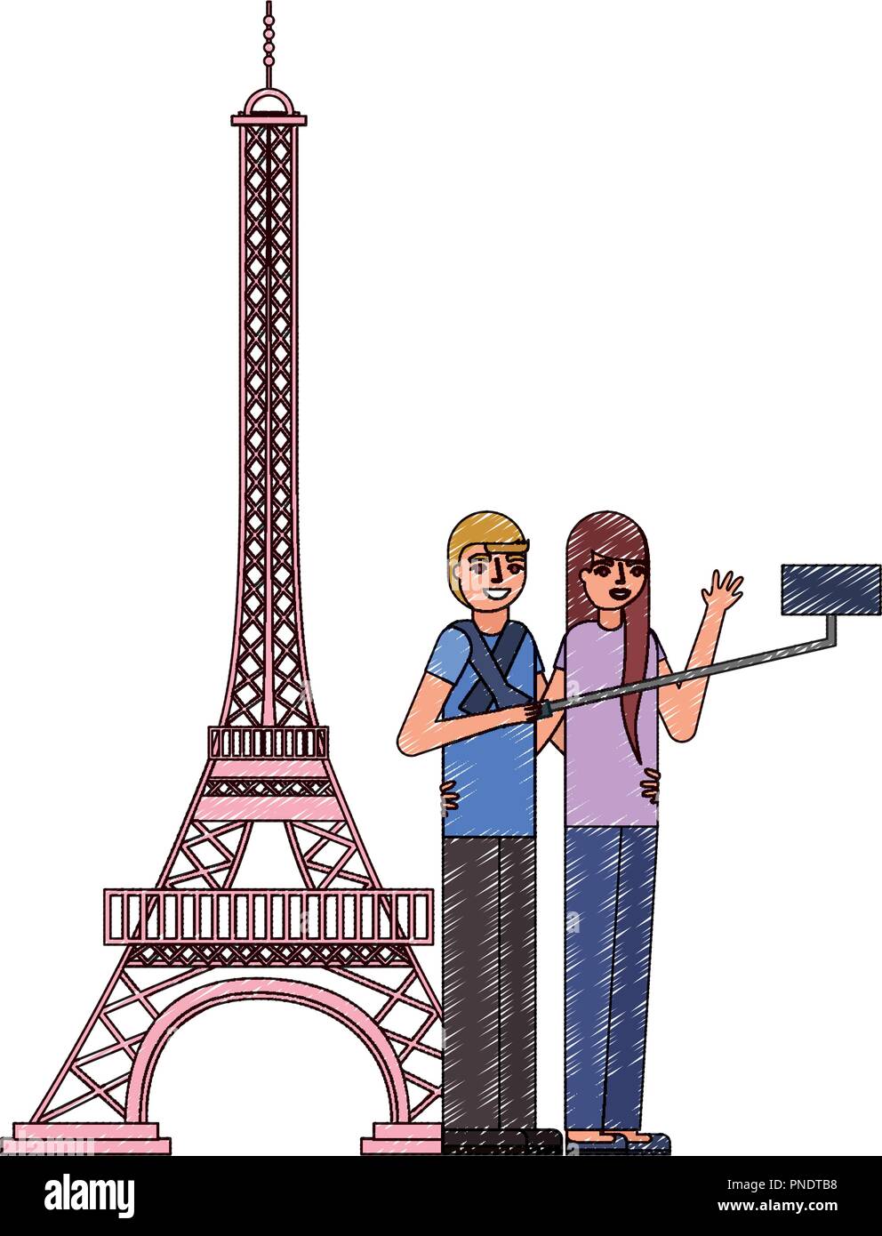 young couple in tower paris avatar character Stock Vector