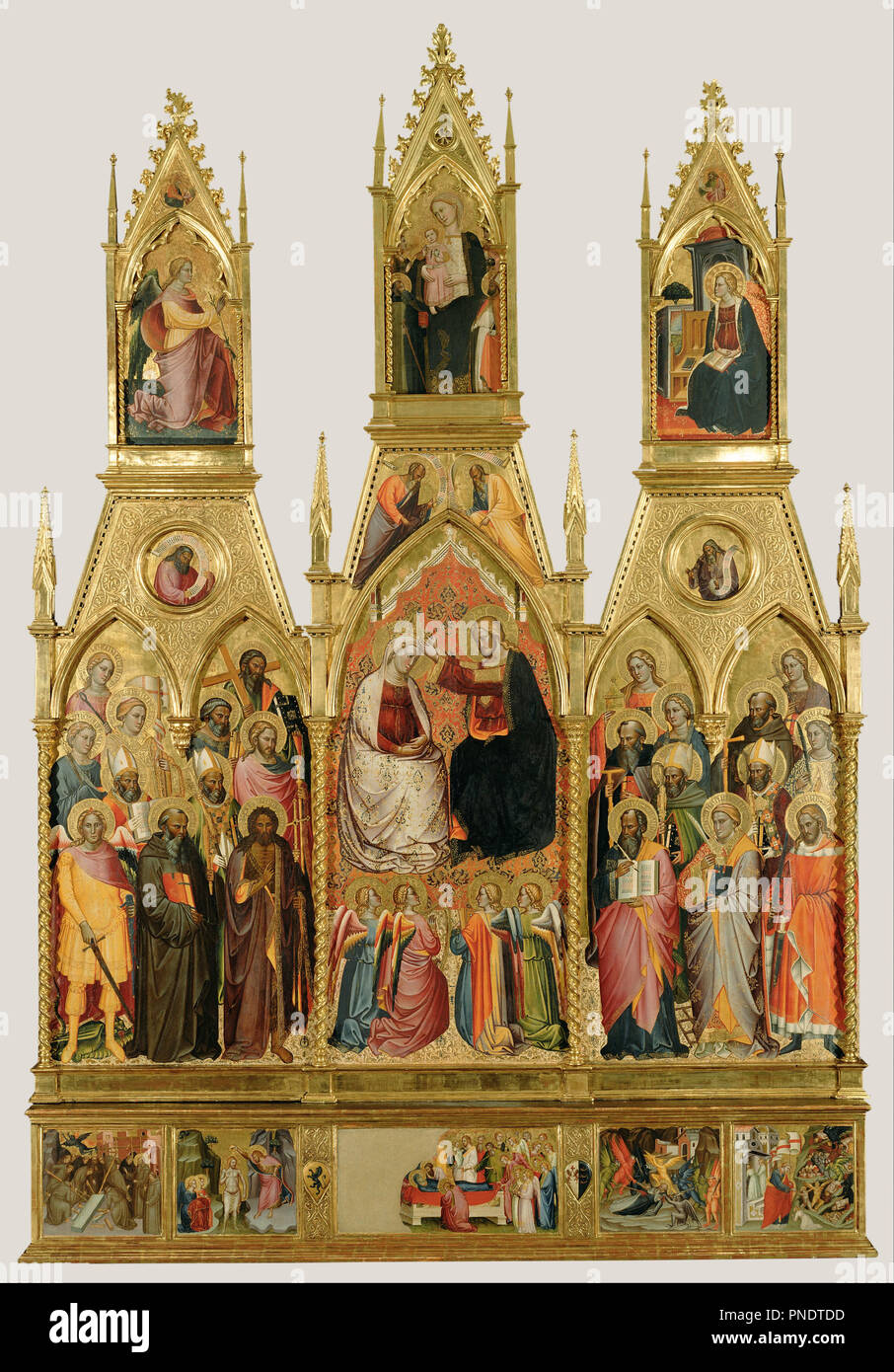 Polyptych with Coronation of the Virgin and Saints. Date/Period: Ca. 1390s. Painting. Tempera and gold leaf on panel. Height: 3,556 mm (11.66 ft); Width: 2,391 mm (94.13 in). Author: CENNI DI FRANCESCO DI SER CENNI. Stock Photo