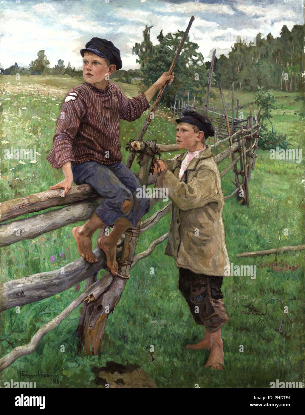Country boys. Date/Period: 1916. Painting. Oil on canvas. Height: 156.5 cm (61.6 in); Width: 124 cm (48.8 in). Author: Nikolay Bogdanov-Belsky. NIKOLAI P. BOGDANOW-BJELSKI. Stock Photo