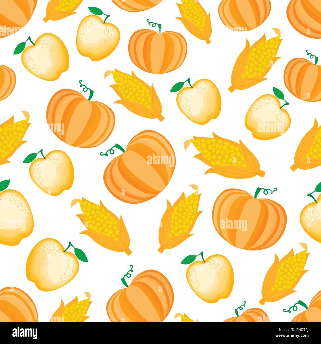 Cartoon Corncob and apple pumpkin seamless pattern. Vector ilustration isolated on white background. Stock Vector