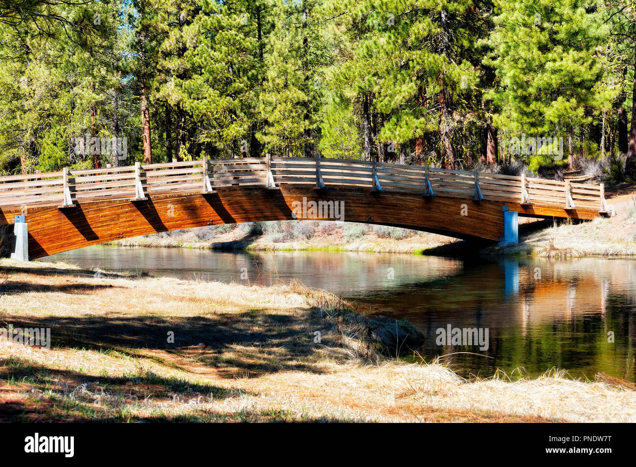 Foot bridge crossing over Spring Creek at Collier Memorial State Park in Chiloquin, Oregon Stock Photo