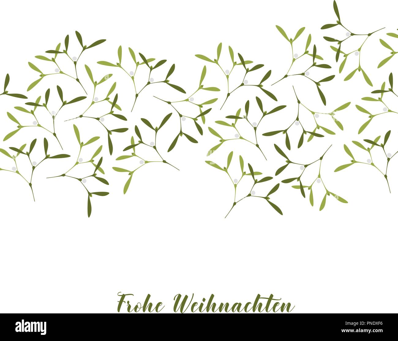 Vector Illustration. Christmas Greeting Card. A lot of Mistletoe on White Background. Text in German Frohe Weihnachten, in English Merry Christmas. Stock Vector