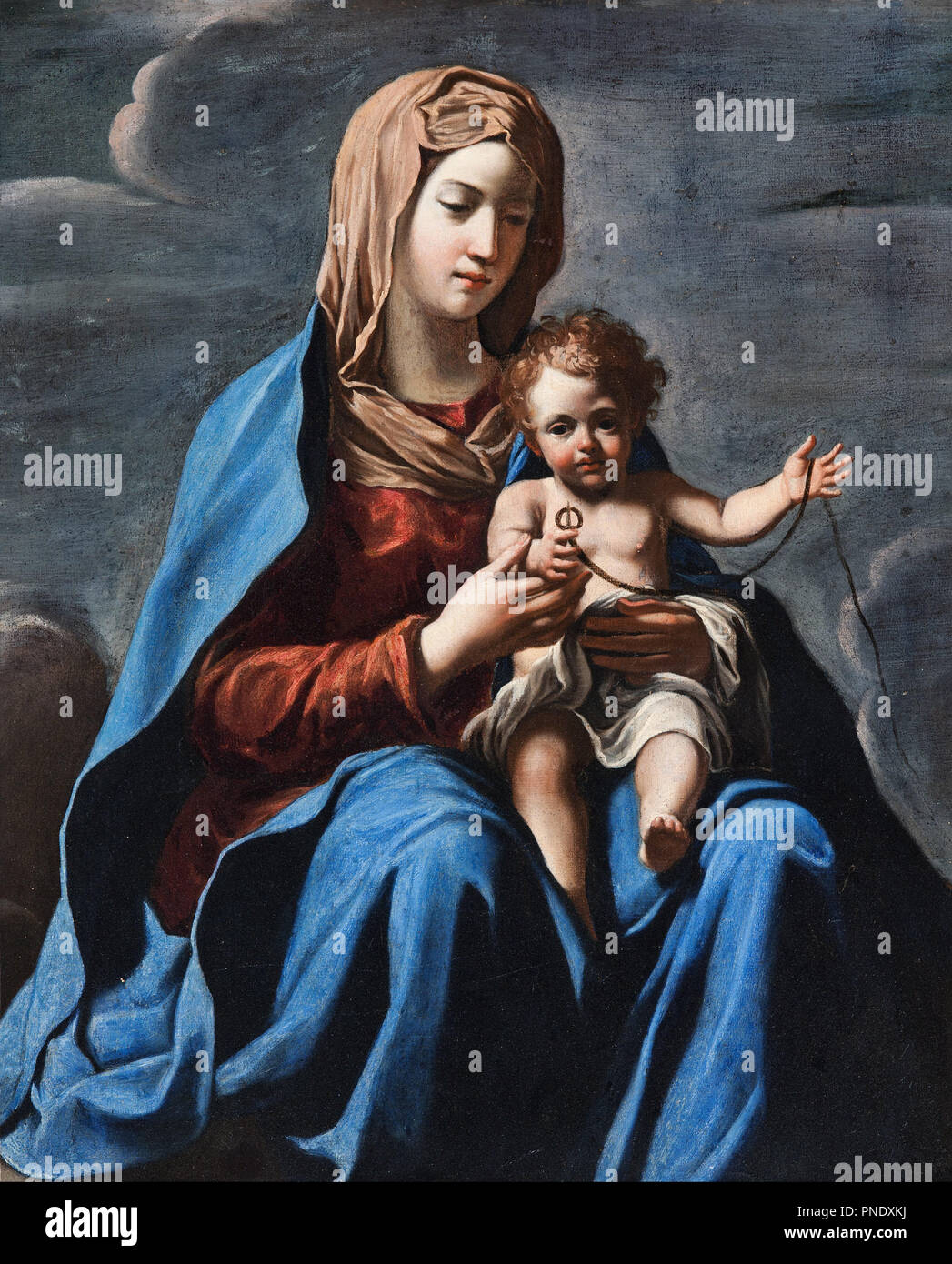 Madonna and Child. Date/Period: 1630s?. Painting. Oil on canvas. Height: 76.60 mm (3.01 in); Width: 62.80 mm (2.47 in). Author: FRANCESCO COZZA. Stock Photo